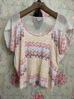 VINTAGE Ella Moss retro Chevron SOFT lightweight short sleeve Flashdance top M